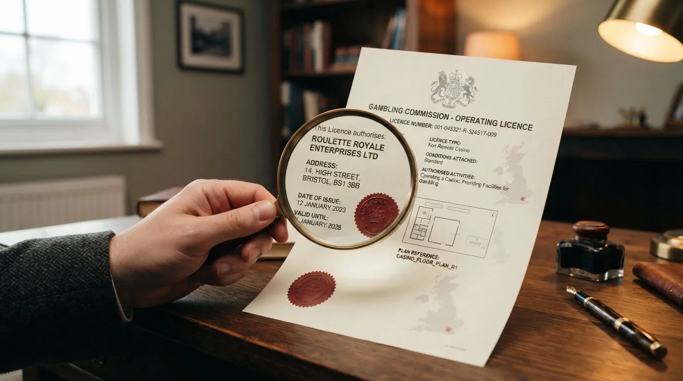 A magnifying glass held over a printed gambling licence certificate on a desk, with a UK map faintly visible in the background