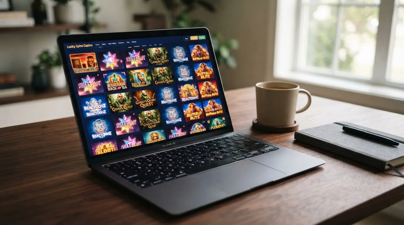 A laptop on a desk displaying a grid of slot game thumbnails in a casino lobby.