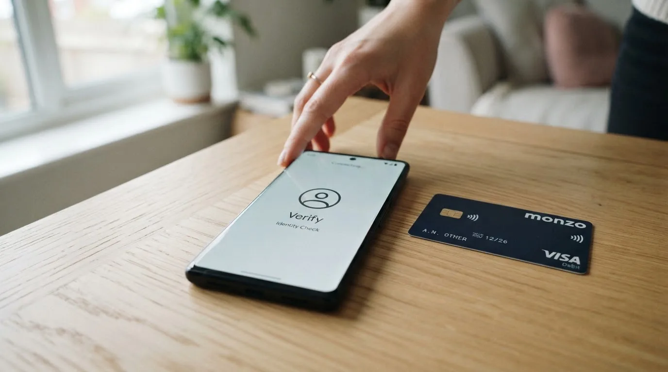 A UK bank card and a smartphone showing an identity-verification screen on a table.