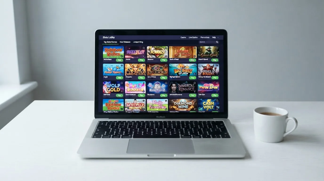 A laptop on a desk displaying a grid of slot game thumbnails in a casino lobby.