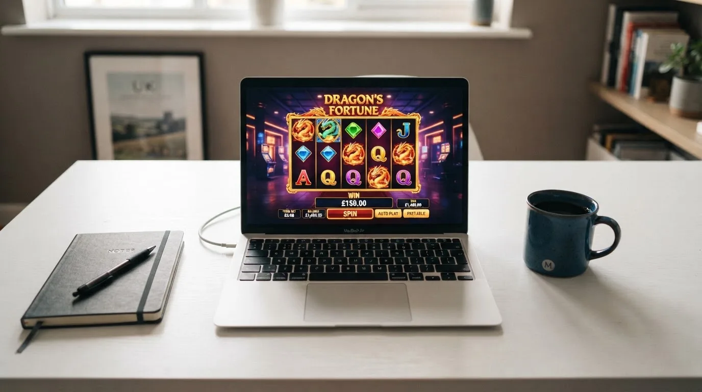 A laptop on a desk displaying a grid of slot game thumbnails in a casino lobby.