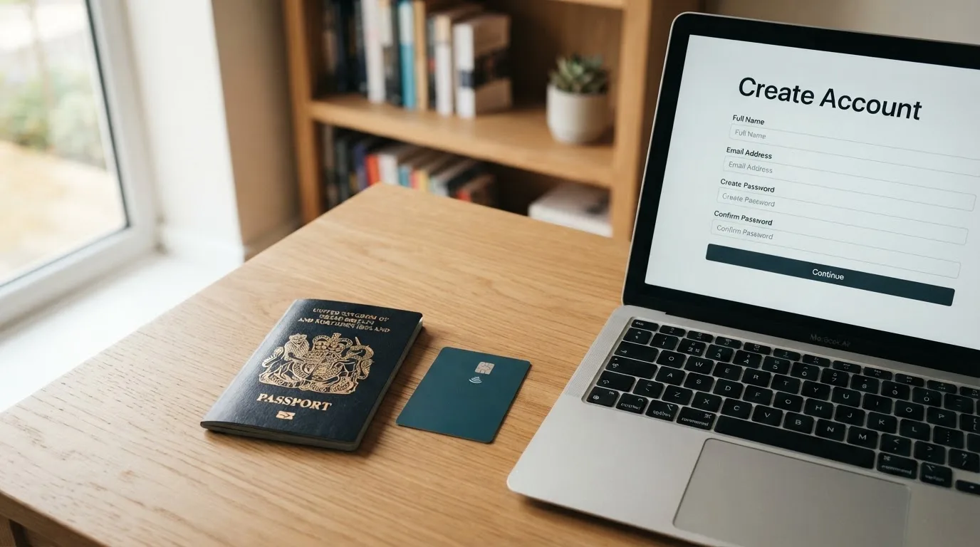 A UK passport and a bank card resting beside a laptop showing an account sign-up screen.