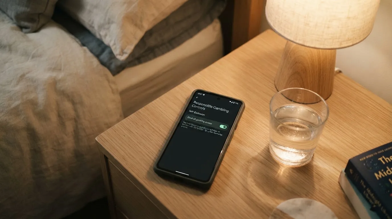 A phone displaying a self-exclusion settings screen next to a glass of water on a bedside table.