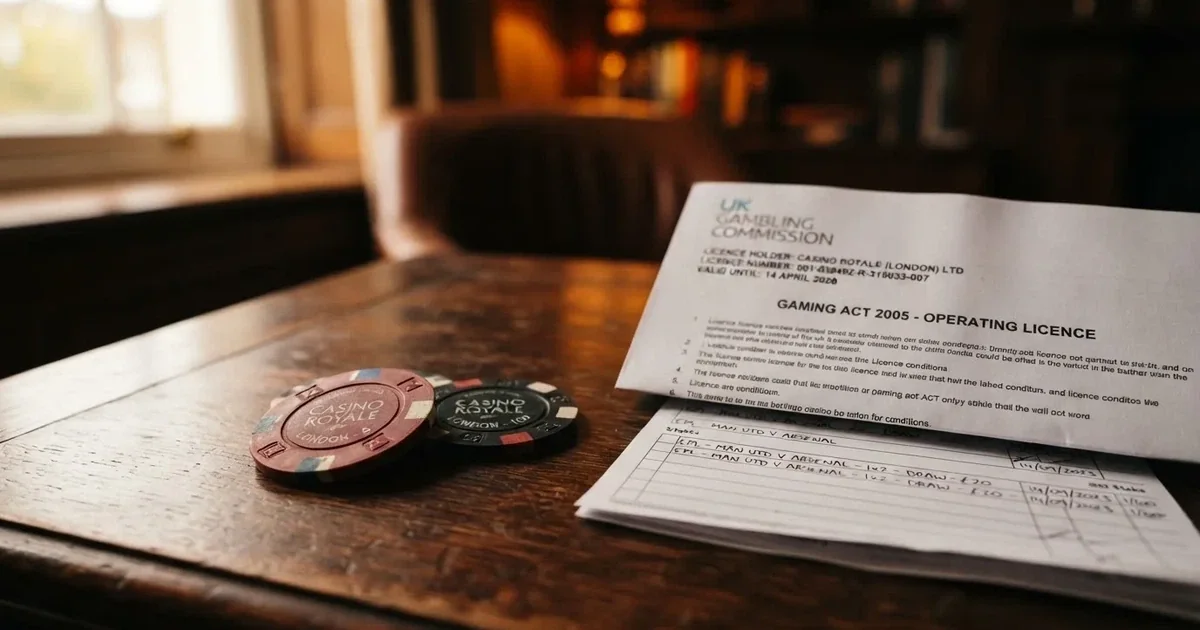 A pair of casino chips and a betting slip arranged beside a printed licence certificate on a desk.