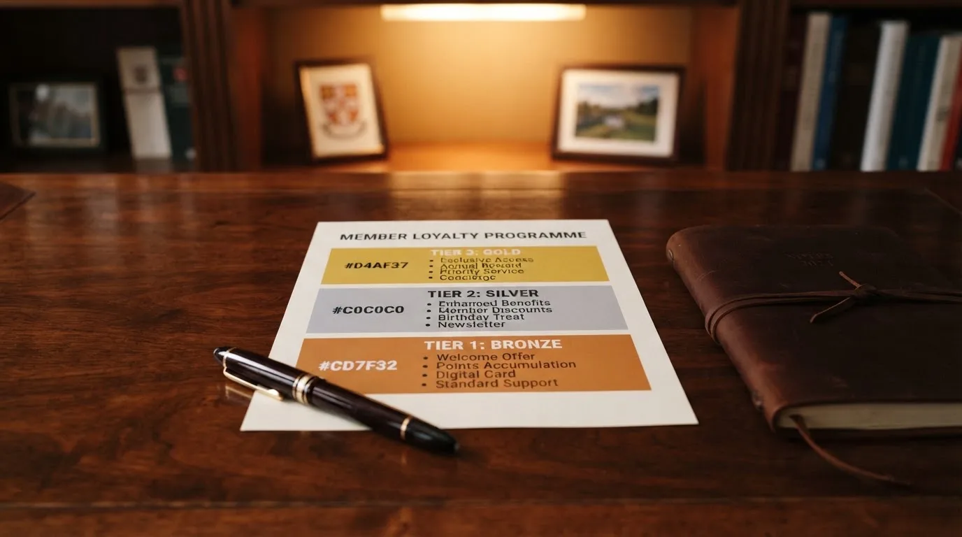 A desk with a printed loyalty-tier chart, a fountain pen, and a closed leather notebook.