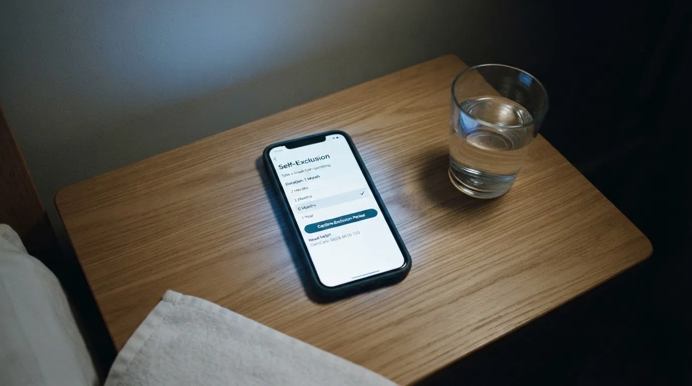 A phone displaying a self-exclusion settings screen next to a glass of water on a bedside table.