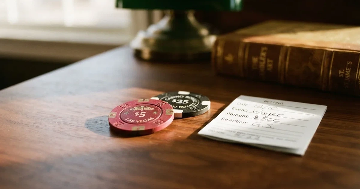 A pair of casino chips and a betting slip arranged beside a printed licence certificate on a desk.