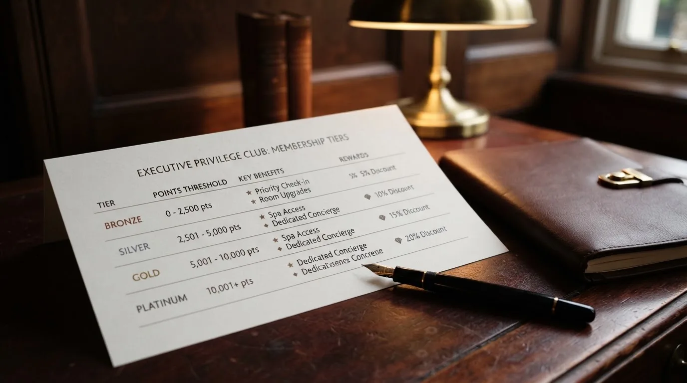 A desk with a printed loyalty-tier chart, a fountain pen, and a closed leather notebook.